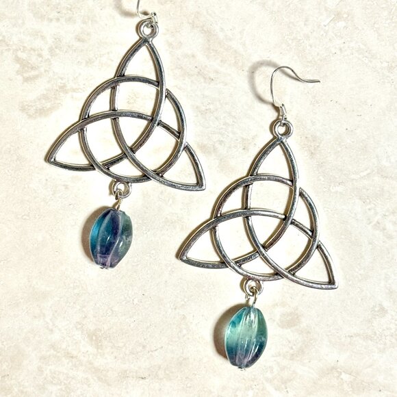 2/$20, Genuine Rainbow Fluorite Celtic Trinity Sterling Silver Dangle Earrings - Picture 1 of 10